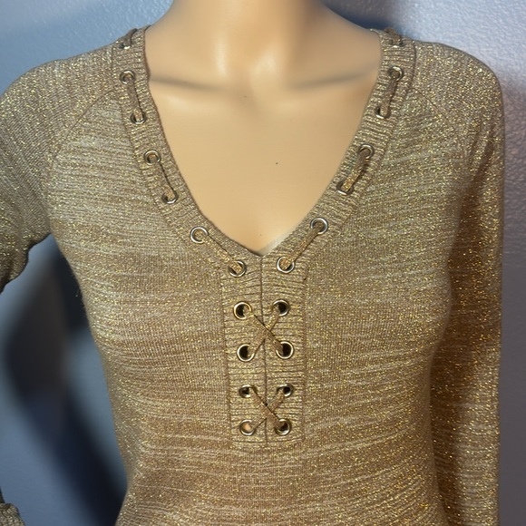 Cache Gold Metallic Shimmer Vneck Long Sleeve Sweater - Picture 2 of 6
